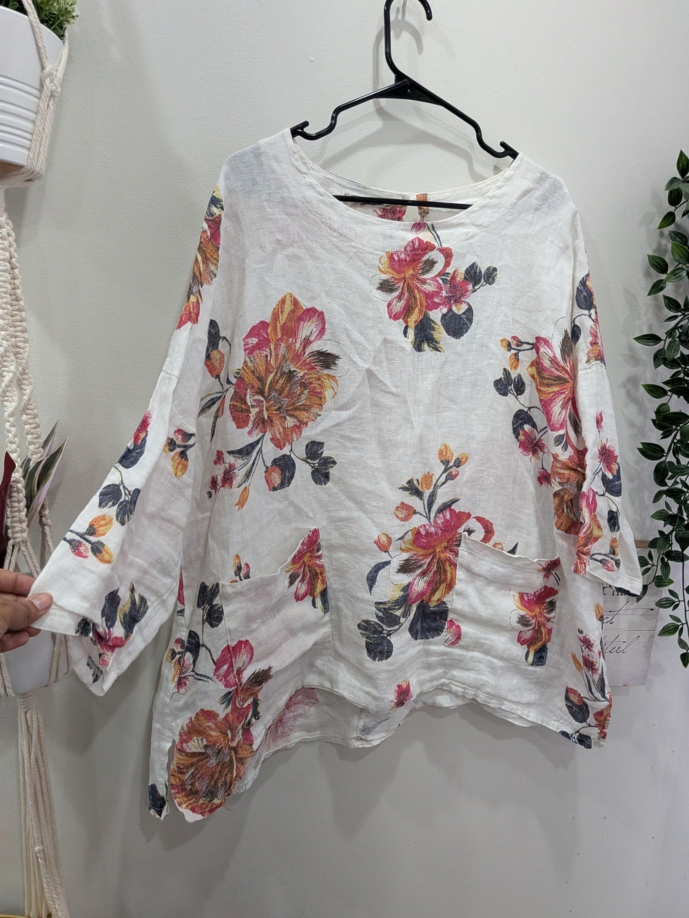 Francesca Bettini White Floral 100% Linen Plus Size Tunic - Pink & Orange Blooms